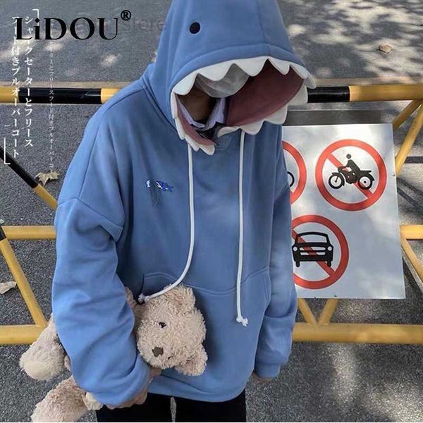 

men's hoodies autumn solid shark patchwork hoodies man y2k sweatshirt casual loose long sleeve pullover funny all match male clothes hk, Black