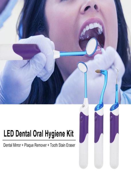 

3pcs oral hygiene kit led dental mirror tooth stain eraser plaque remover dental cleaning whitening tool6585044