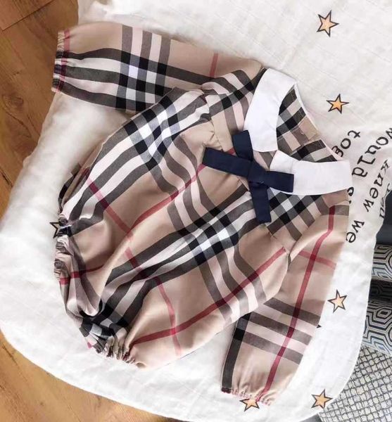 

2020 new baby girls bows tie plaid romper infant kids lapel long sleeve jumpsuits designer kids clothes baby boys cotton linen rom4028236, Blue