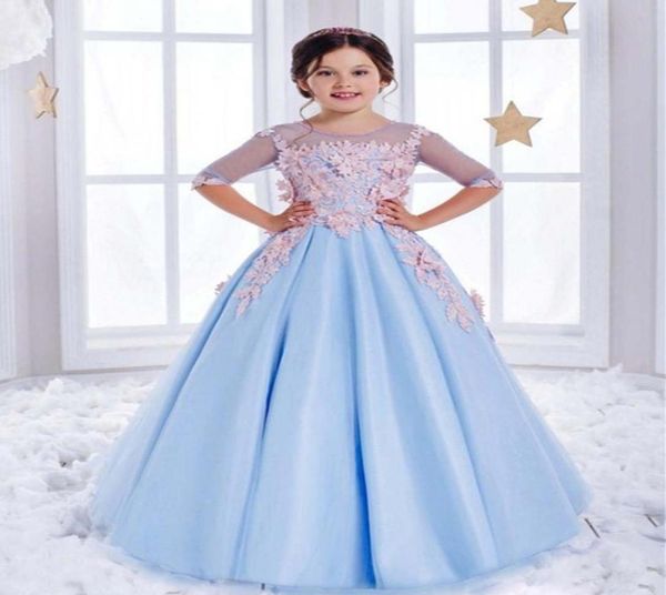 

sweet tulle pageant ball gown half sleeves light blue open back gorgeous scoop chapel train flower girl dresses for weddings3167532, White;blue