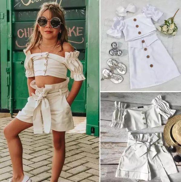 

ins baby girls summer white outfits 2020 new baby kids dew shoulder puff short sleeve shirtbows shorts skirt 2pcs sets a22623462564
