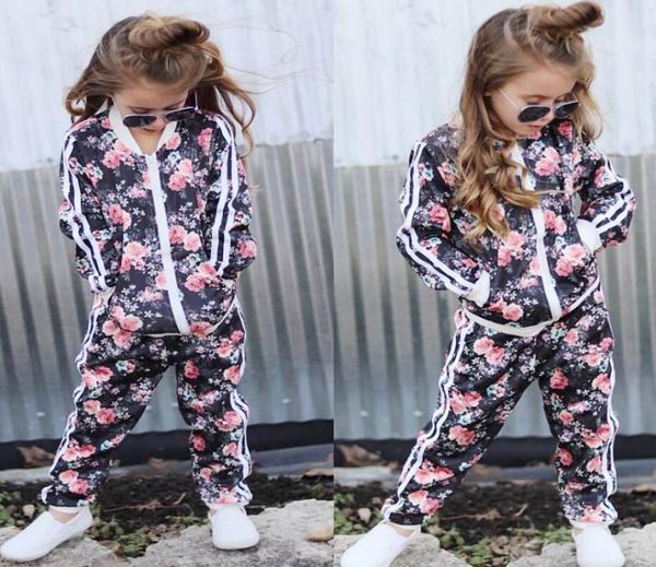 

children clothing 2018 autumn toddler girls clothes 2pcs set outfits floral printed coat and pants kids clothes tracksuit girls8882260, White