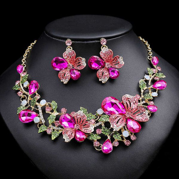 

necklace earrings two piece set of colorful flower bride advanced design sense multi color options 230628, Silver