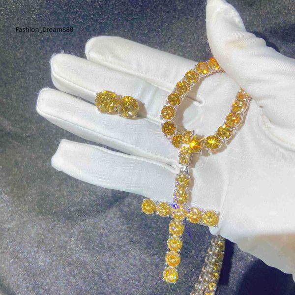 

colorful diamond hip hop fine jewelry silver 925 vvs champagne moissanite cross pendant earrings tennis chain
