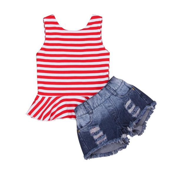 

fashion toddler clothing kids baby girls clothing sets striped backless denim jeans shorts 2pcs girls set outfits summer gir1000991, White