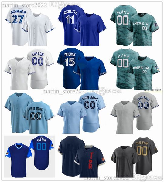 

2023 all-star baseball jerseys 27 vladimir guerrero jr. 34 kevin gausman 11 bo bichette 15 whit merrifield 4 george springer 6 alek manoah 9, Blue;black
