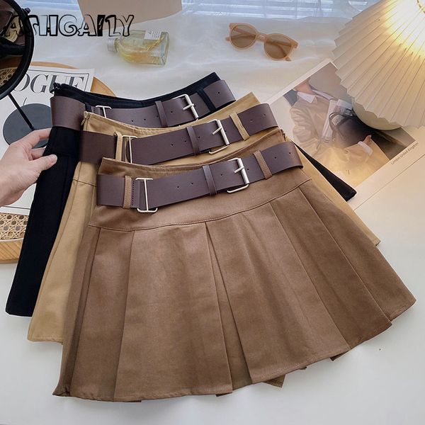 

skirts ashgaily 2023 aline with belt women y2k high waist short skirt buttons female clothing allmatch 230703, Black