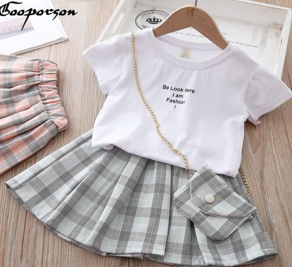 

summer kids clothes letter shirtplaid skirt with bag cute little girls clothing set fashion korean toddler girl outfits 2103094107944, White