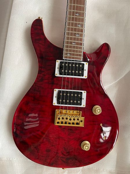 

prs red body electric guitar, bridge vibrato, electric guitar