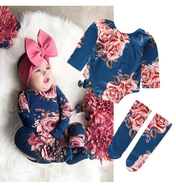 

spring newborn baby bodysuits long sleeve oneck floral printed baby girls jumpsuit 100cotton baby clothing bodysuit with stockin9851908, Blue