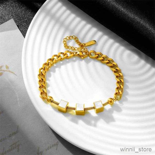 

charm bracelets stainless steel new fashion fine jewelry colors embed natural cube charm thick chain bracelets for women r230704, Golden;silver