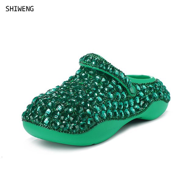 

dress shoes 2023 summer trendy diamondencrusted platform clogs round toe women flat green silver leisure sliper 41 230703, Black