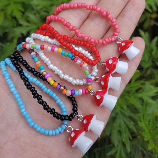 

cute colorful beads chain mushroom pendant necklace for women girls chokers accessories fashion new year jewelry gifts, Silver