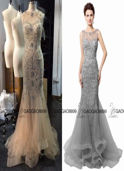 

open back gray champagne mermaid evening dresses beading 2019 real po sparkly sheer neck women prom gowns long robe de soiree l1082922, Black;red