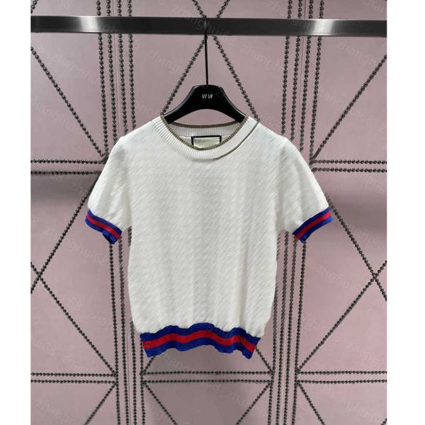 

23ss womens designer clothing womens knits round neck color matching stripes hollow logo short-sleeved knit womens clothes a1, White