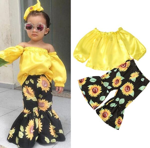 

fashion kids girls outfits children strapless shoulder sunflower flare pants 2pcsset spring autumn baby clothing sets m13033993895, White