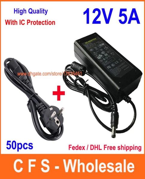 

50pcs ac dc 12v 5a power supply adapter 60w power adaptor cable power cord fedex with ic protection3386014