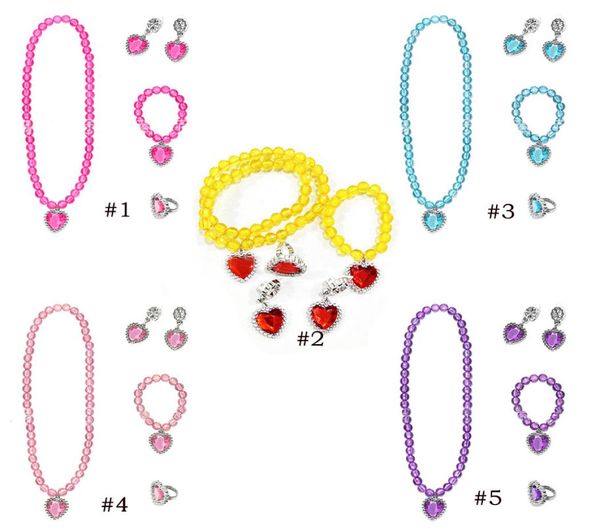 

5 colors princess queen cosplay accessories jewelry sets necklaces ring earrings bracelet set presents for girls dress up 5pcsset5721670, Red;brown
