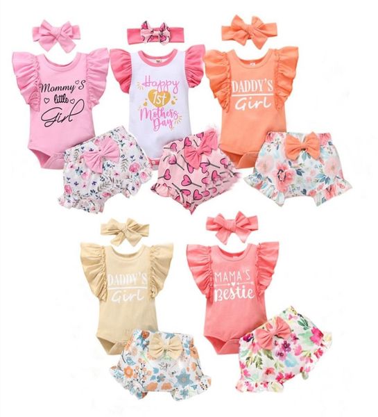

girls039 set letter flounced sleeve printed shorts hair band threepiece set2097417, White;blue