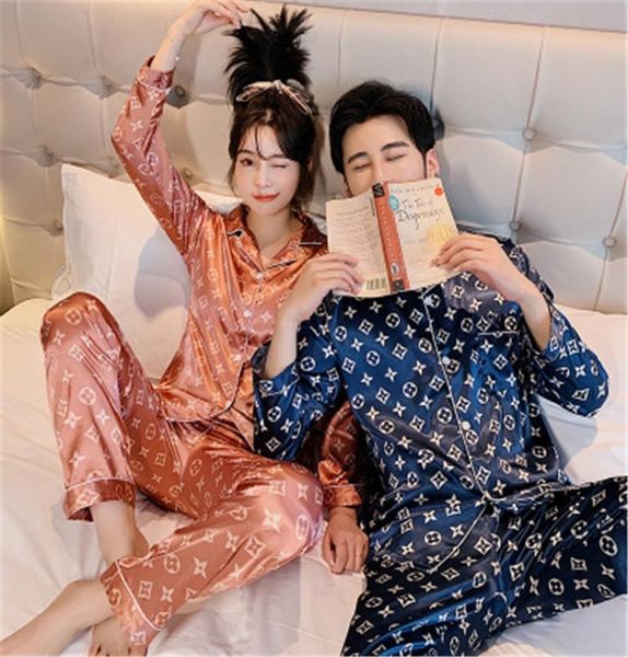

womens satin silk pajamas couple set flower printed sleepwear 2020 autumn winter plus size nightwear home suit household pink1925544, Blue;red
