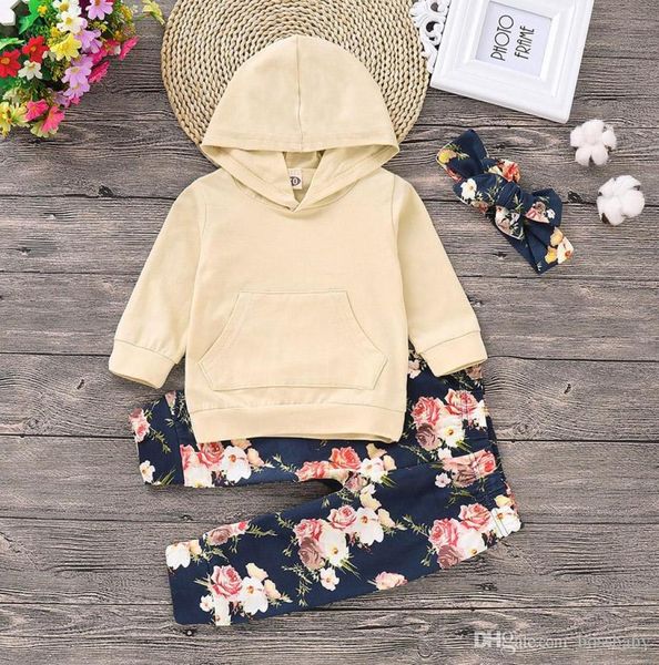 

baby girls cartoon set infant girls solid long sleeve hoodie kids designer clothes toddler baby outfits floral pants with headband1495257, White