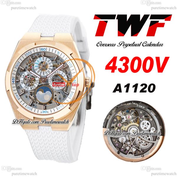 

twf overseas perpetual calendar moonphase 4300v a1120 automatic mens watch rose gold skeleton dial white rubber super version reloj hombre e, Slivery;brown