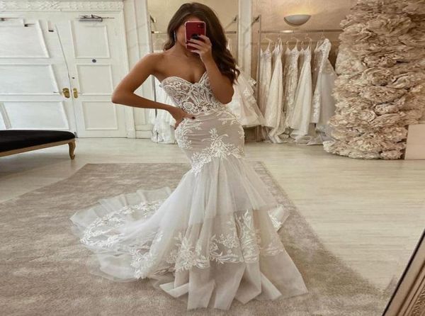 

2021 mermaid wedding dresses bridal gowns court train lace appliques strapless princess turkey vintage long sweetheart bride dress4432095, White