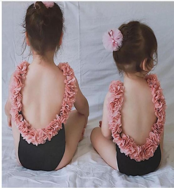 

children kids girl open back tutu flower petal solid color bikini edge open back mother daugther swimwear one piece bathing suit m3214200, Black