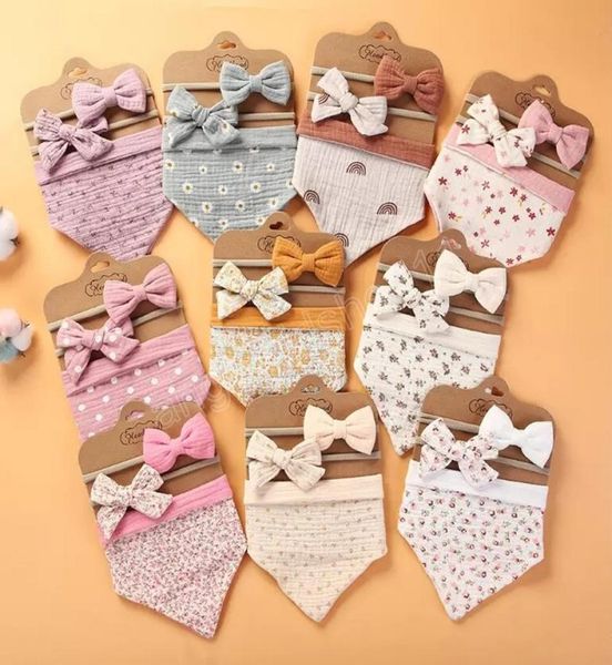 

ins double side using baby bibs 100 cotton flower print triangle bibs and bow knot headband girl infants with lace design 3pcsse4174485
