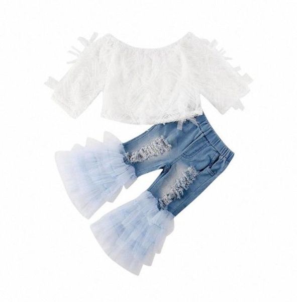 

little girl summer clothing set toddler baby kids girls clothes mesh lace shirt ruffle hole denim pants 2pcs outfits 16t h5695889, White