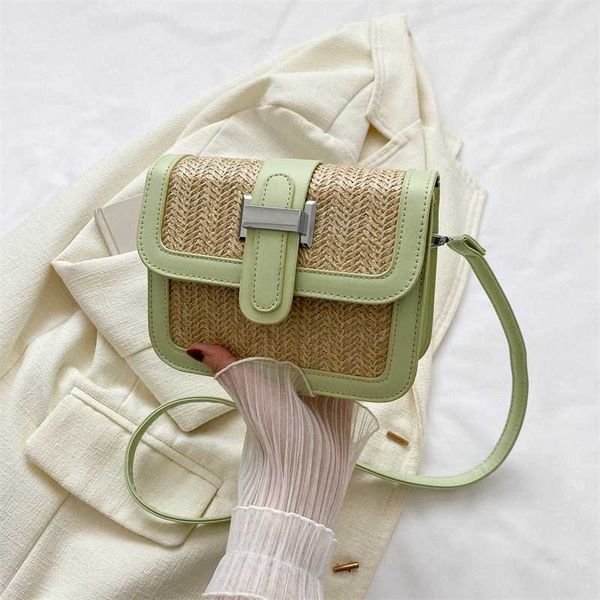 

new evening bags simple and casual small square bag contrasting color drawstring flap woven straw westernized splicing beach 230704