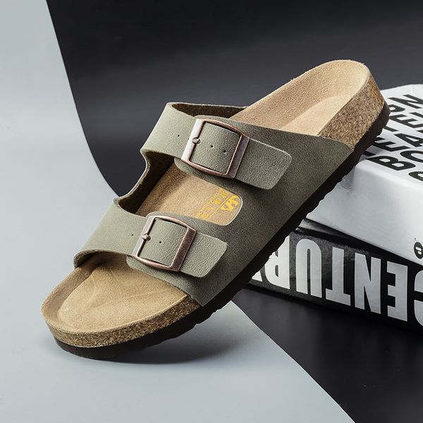 

slippers 2023 summer cork sandals men's flock faux suede mule clogs brown classic buckle slides for men 230703, Black
