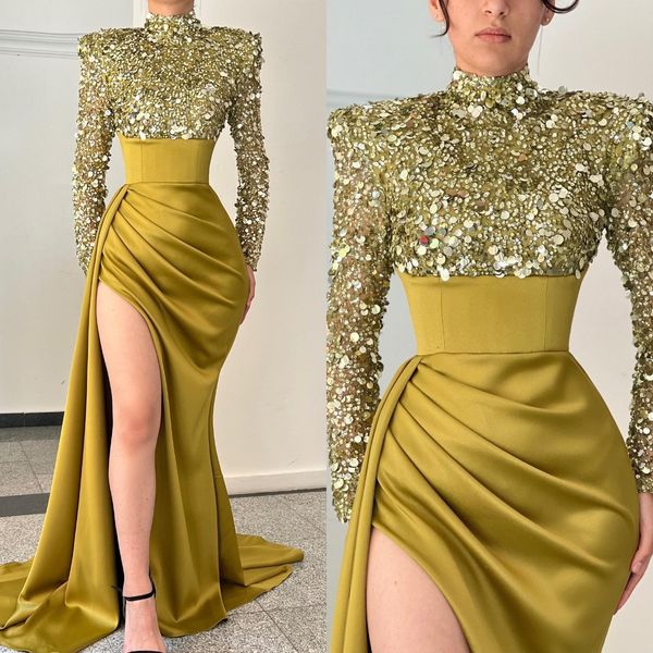 

fashion green sequins prom dresses high neck long sleeves evening gowns pleats slit formal red carpet long special occasion party dress, Black