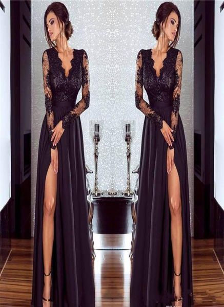 

modest black prom dress new deep v neck side split long sleeve formal holidays wear graduation evening party gown custom made plus7899814, Black;red
