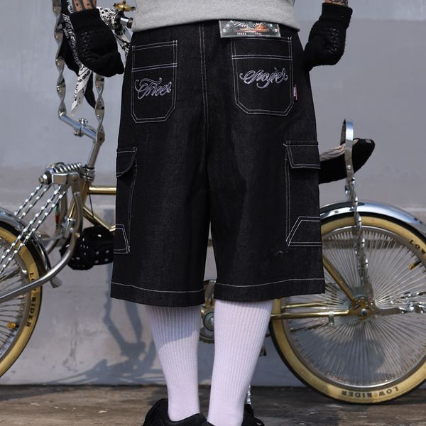 

men's shorts hip hop summer embroidery floral baggy over knee jeans vintage wide leg pockets oversized denim five point pants 230703, White;black