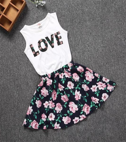 

100150cm baby girls clothes love flower skirt 2pcs pretty flowered cotton kids sets 2018 summer children girl clothing set9612013, White