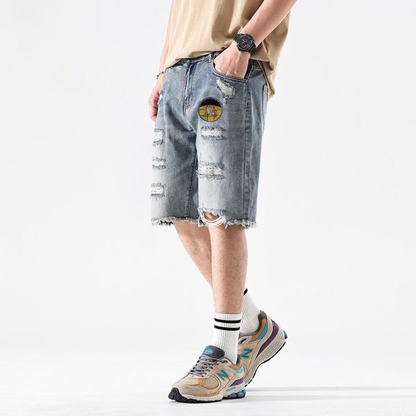 

men's designer jeans men's shorts short jeans men's blue summer half pants men's breeches hole metal button zipper skinn