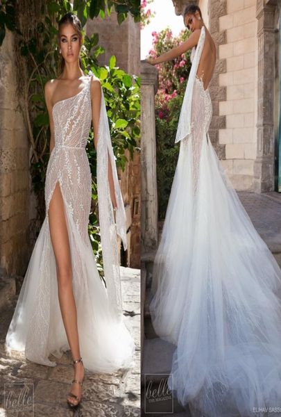 

elihav sasson mermaid wedding dresses one shoulder lace appliques illusion backless bridal gowns side split beach wedding dre7355576, White