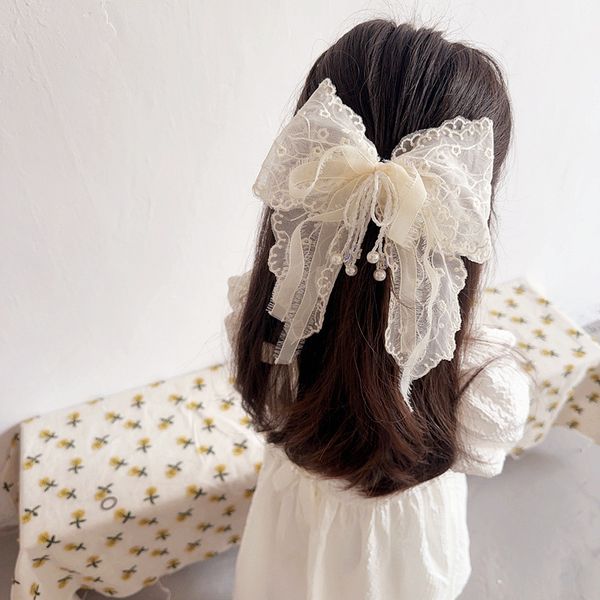 

vintage french style girls lace bowknot beaded tassel barrettes sweet super fairy ribbon clip children butterfly hair accessories b423, Slivery;white