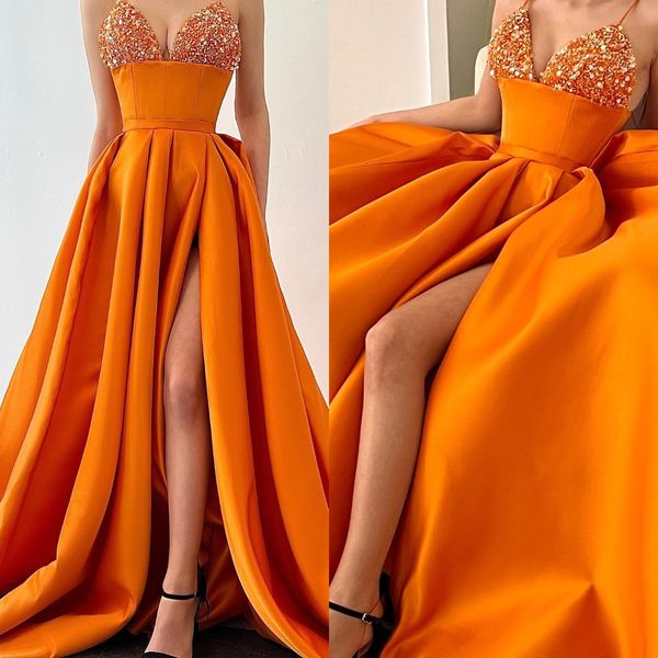 

fashion orange sequins prom dresses spaghetti evening gowns thigh slit formal red carpet long special occasion party dress, Black