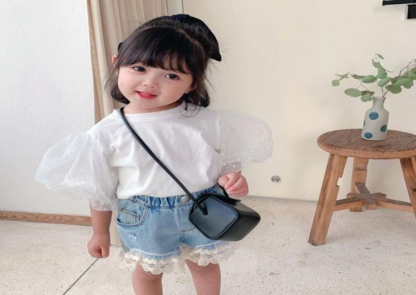 

summer girls t shirt baby tee kids toddler tee shirt children streetwear clothes fashion dot mesh puff sleeve 1 to 7 yrs y2003039266, Blue