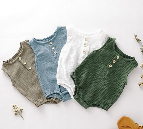 

2021 ins baby girl kids climbing rompers sleeveless oneck solid collar three buttons jumpsuits 100 cotton summer infant romper 04912686, Blue