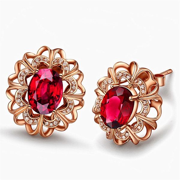 

stud earrings luxurious hollow flower zircon earrings plated 18k gold color ruby crystal stud earrings women's stud, Golden;silver