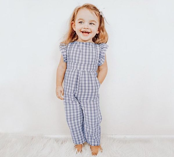 

kids girls jumpsuits summer baby girl ruffles fly sleeve plaid overalls jumpsuit children cotton clothes a56924656818, Blue