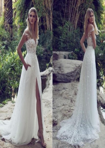 

elegant lace appliques tulle beach wedding dresses high split v neck backless belt country limor rosen bridal gowns9188666, White