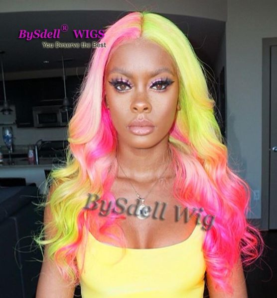 

long pastel rainbow hair wig synthetic rainbow color pink fluorescent green ombre hair lace front wig mermaid cosplay party wigs9952313, Black