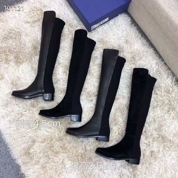 

high heeled long boots autumn winter coarse heel women shoes real leather zipper black suede elastic boots designer shoe lady heels above kn