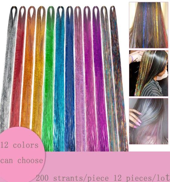 

24inch tinsel hair extensions 12 colors sparking shinny hair for party 200 strandspiece 12pieceslot synthetic hair extension acc5182146