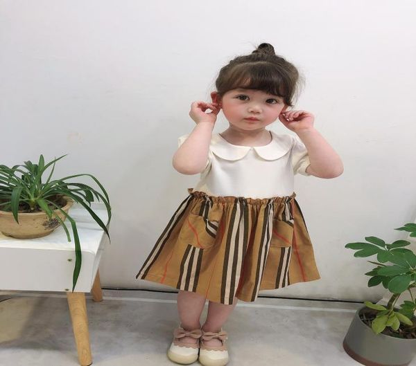 

summer new kids plaid stripe dress 2020 new girls doll lapel short sleeve pleated dress children ruffle double pockets princess dr4659030, Red;yellow