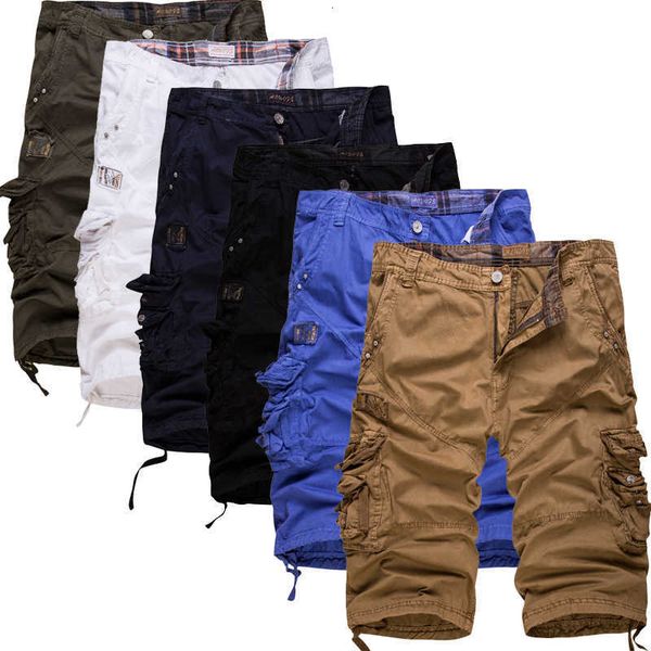 

2023 summer new wash cotton men's capris loose cargo pants solid shorts large, White;black